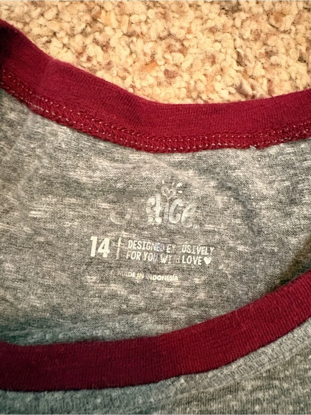Mix & Match 3/$12Justice Two-Tone Gray Body with Burgundy Raglan Long Sleeve Tee